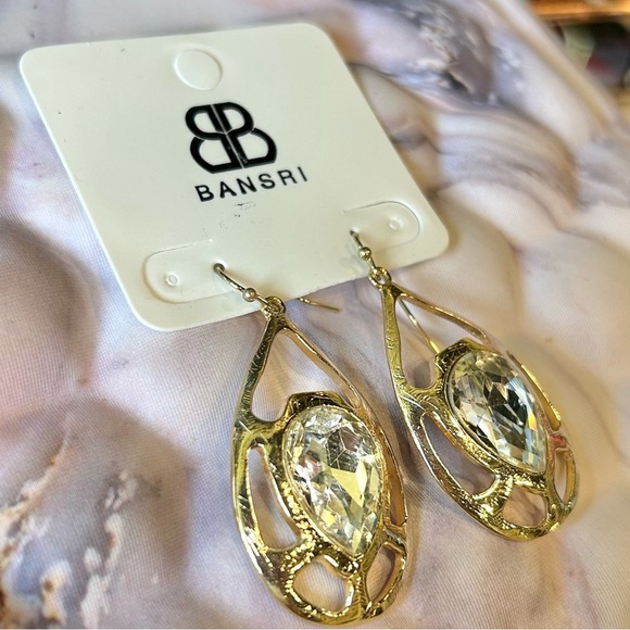 NWT Bansri Gold Clear Crystal Teardrop Statement Dangle Earrings - Picture 2 of 6